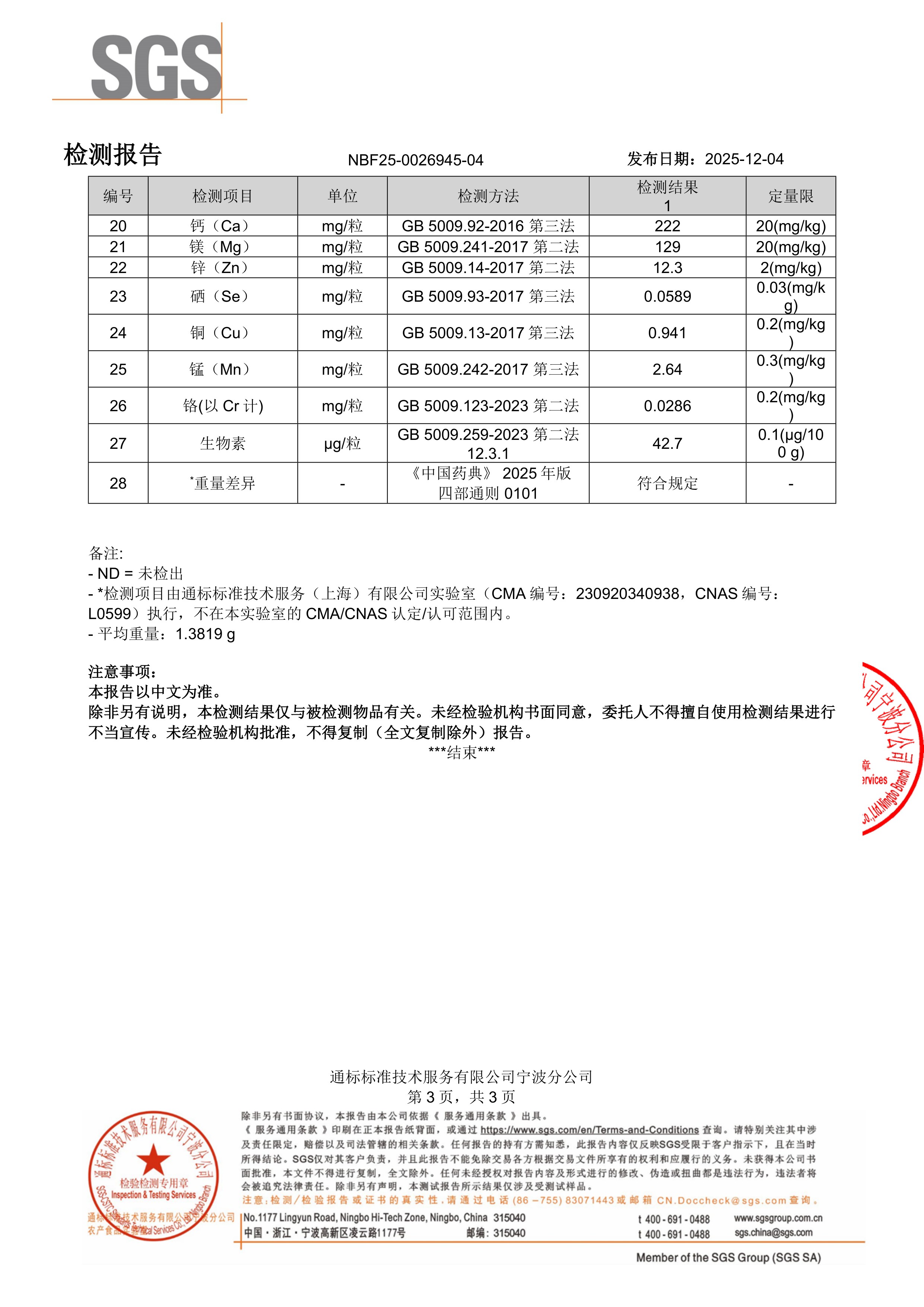 活性男士复合维生素SGS 第三方检测报告原件第3页