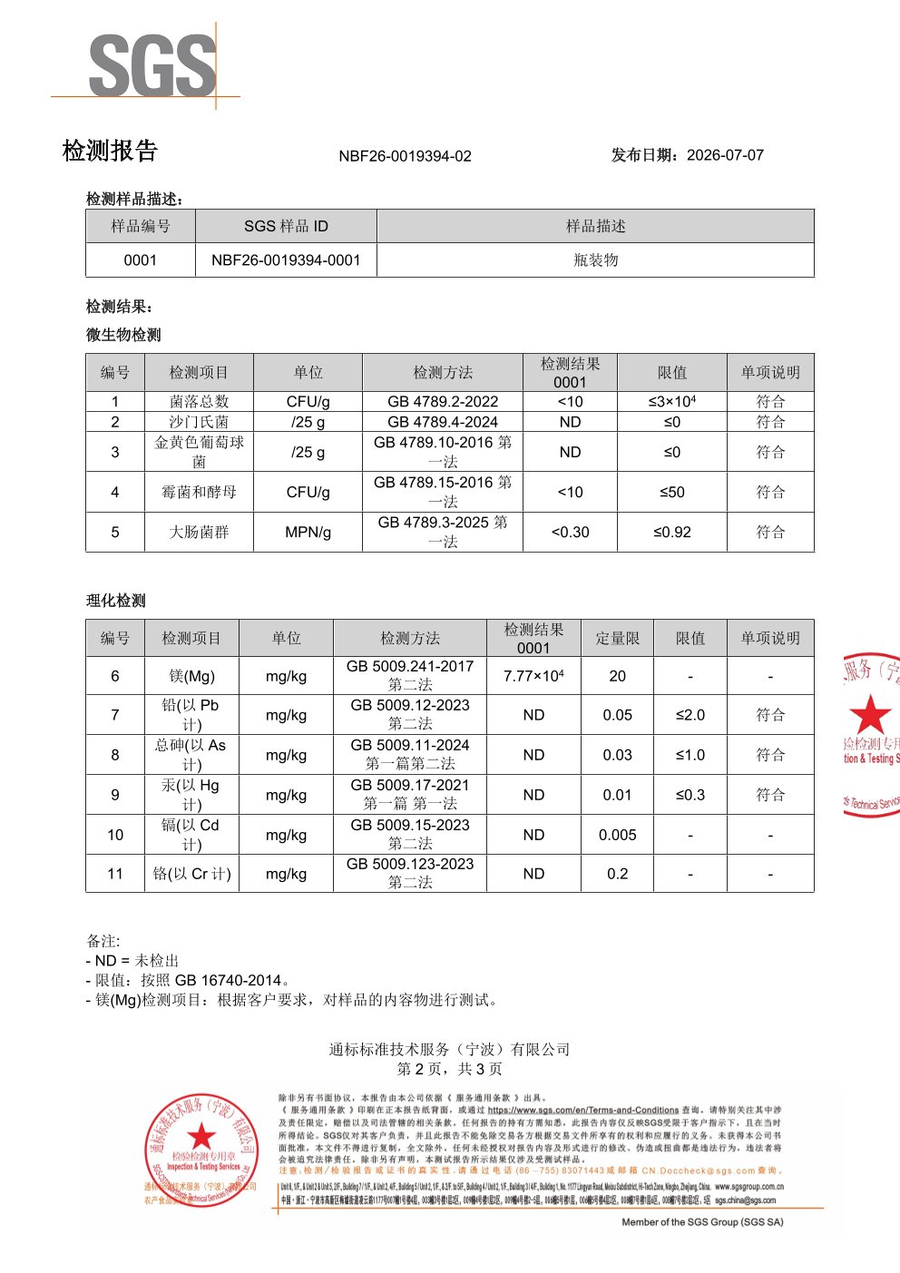 专利苏糖酸镁大桶装SGS 第三方检测报告原件第2页