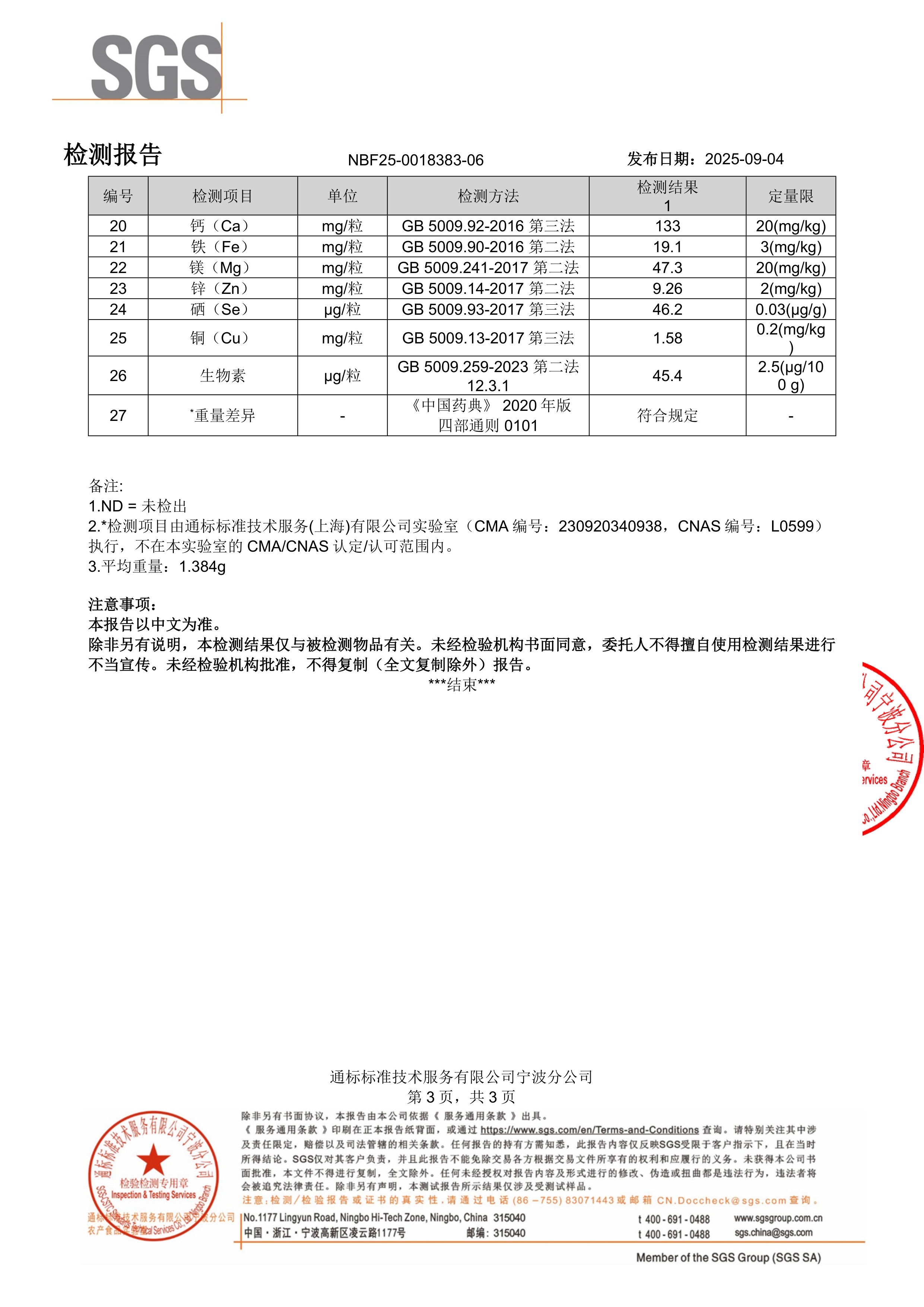 活性女士复合维生素SGS 第三方检测报告原件第3页