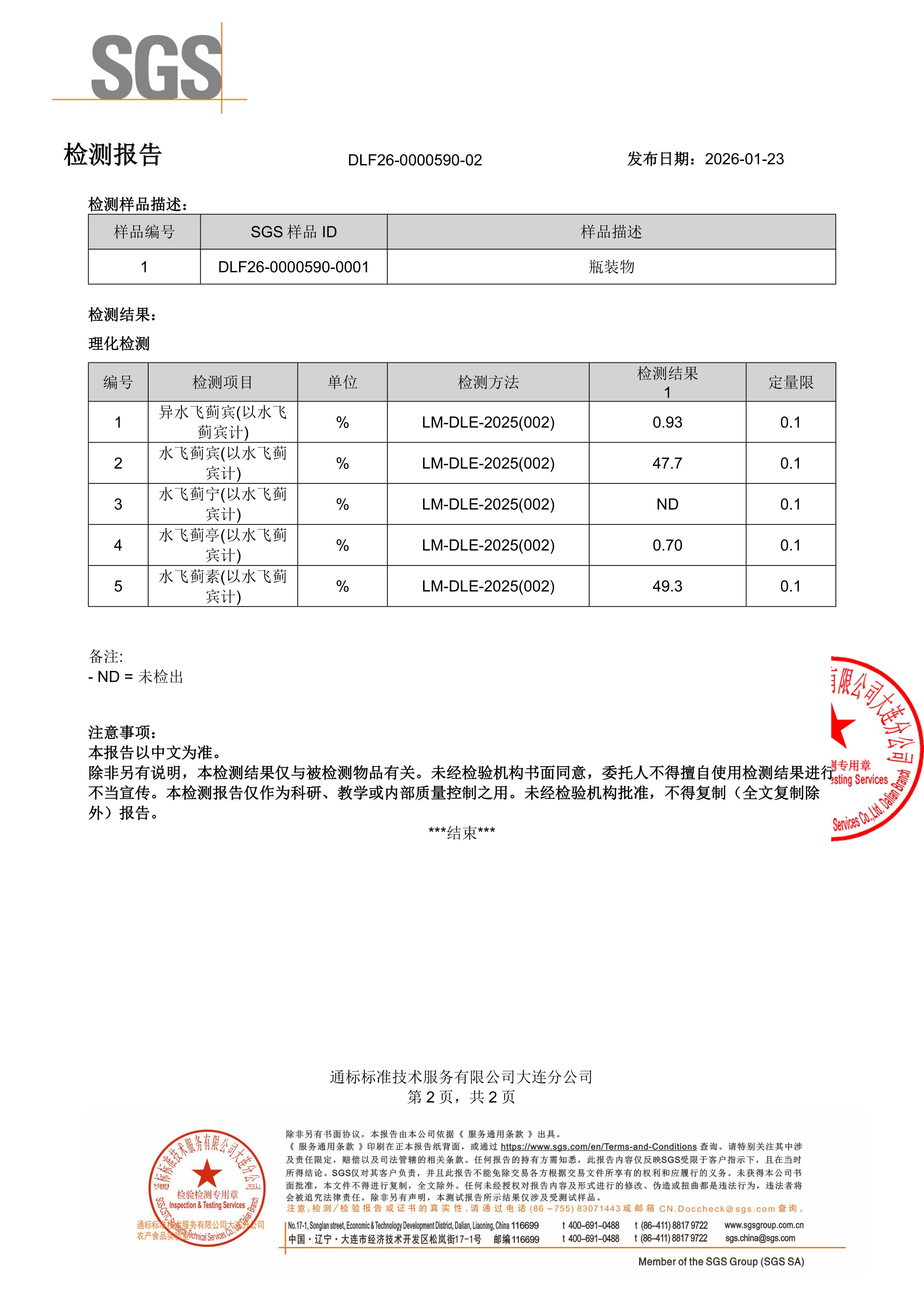 奶蓟草SGS 第三方检测报告原件第2页