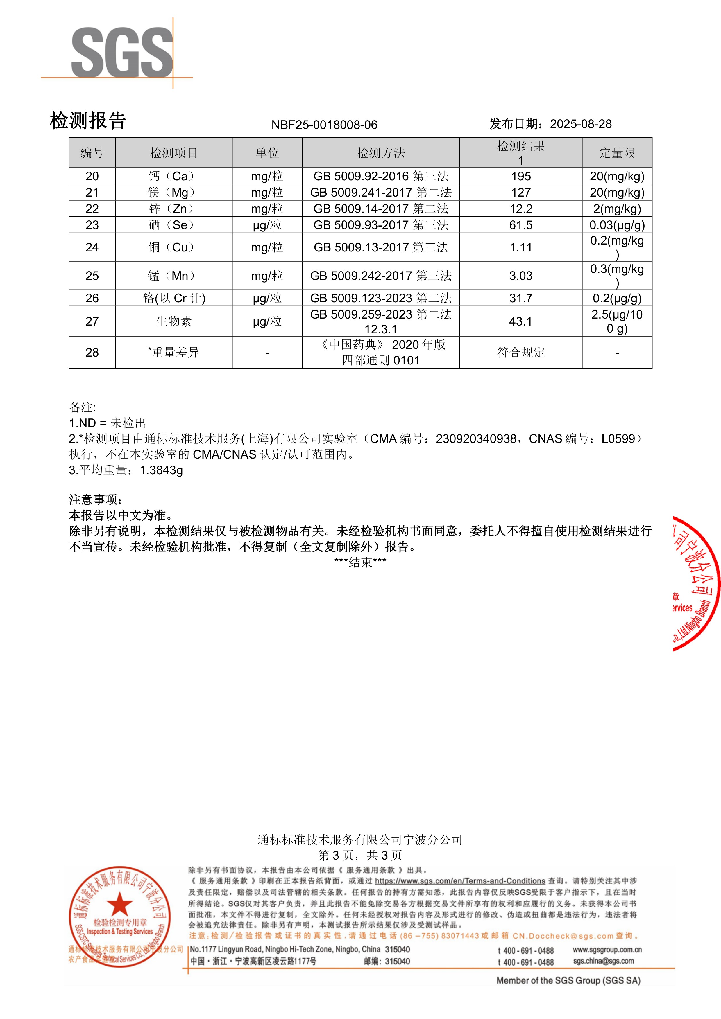 活性男士复合维生素SGS 第三方检测报告原件第3页