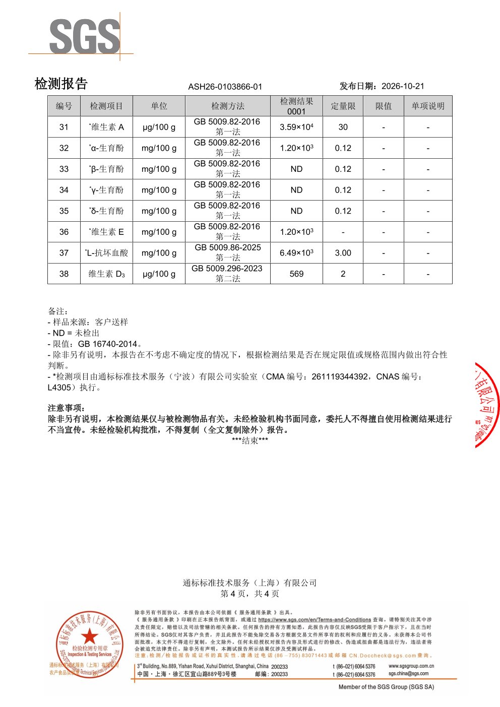 中老年男士复合维生素SGS 第三方检测报告原件第4页