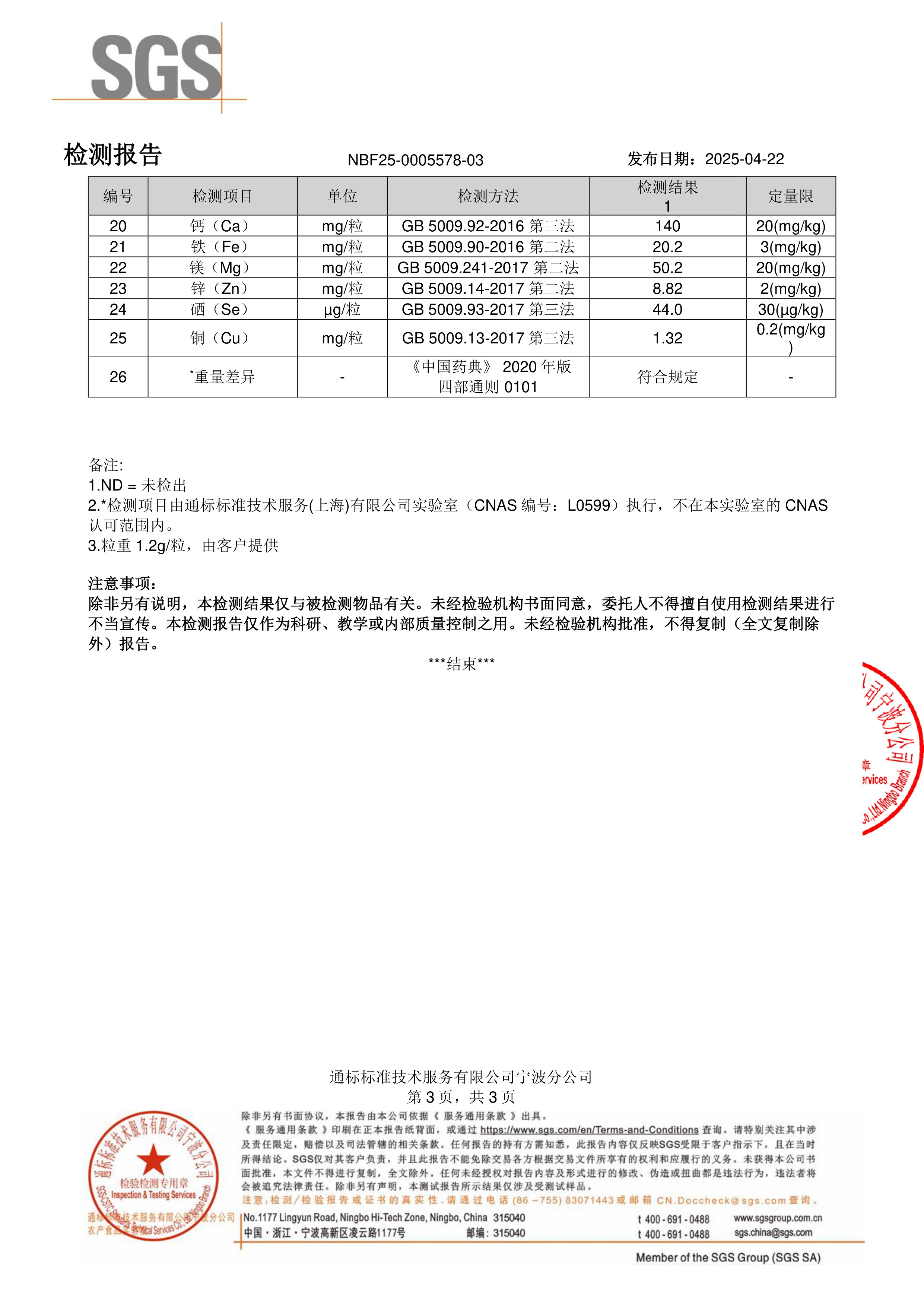 活性女士复合维生素SGS 第三方检测报告原件第3页