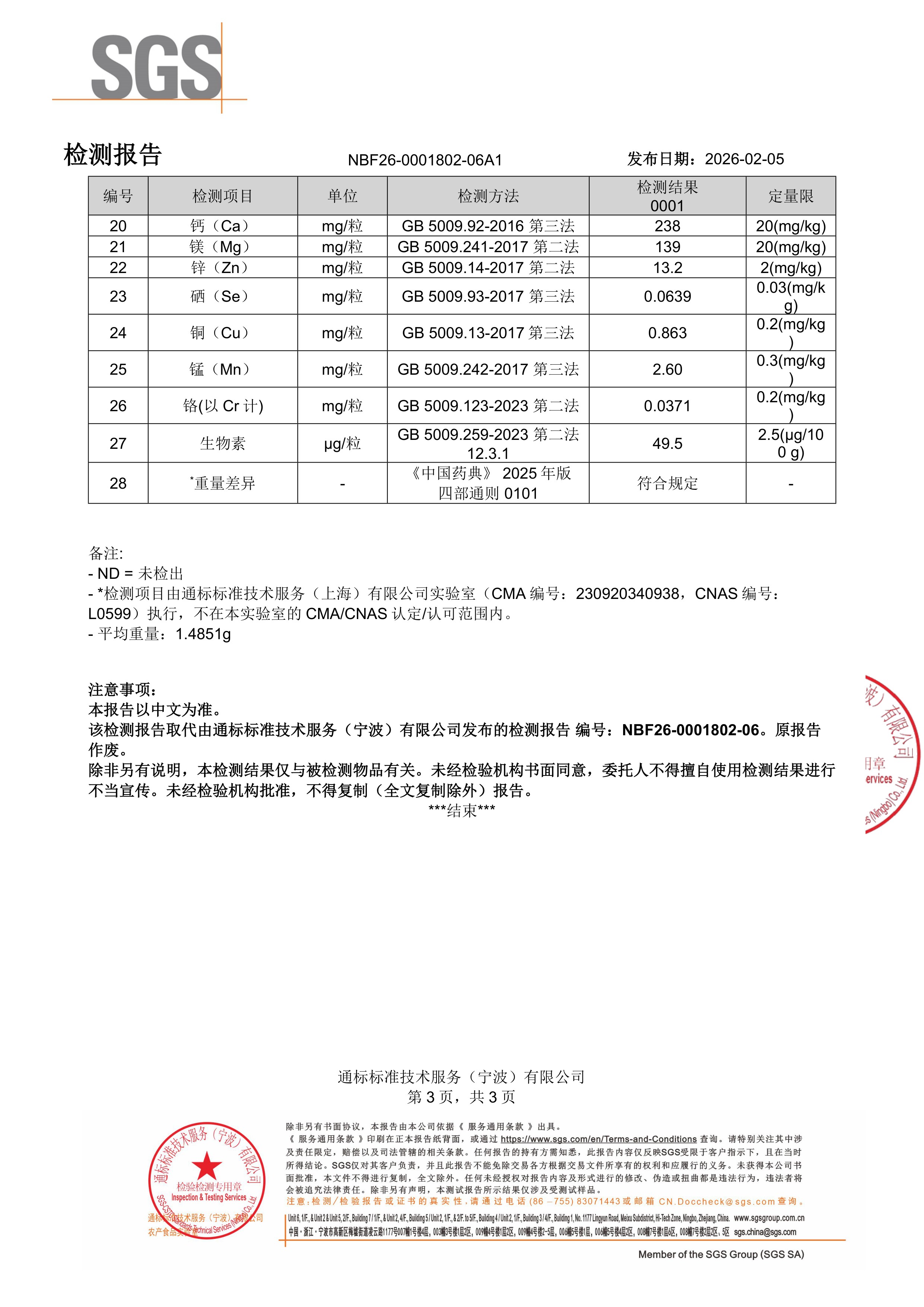 活性男士复合维生素SGS 第三方检测报告原件第3页
