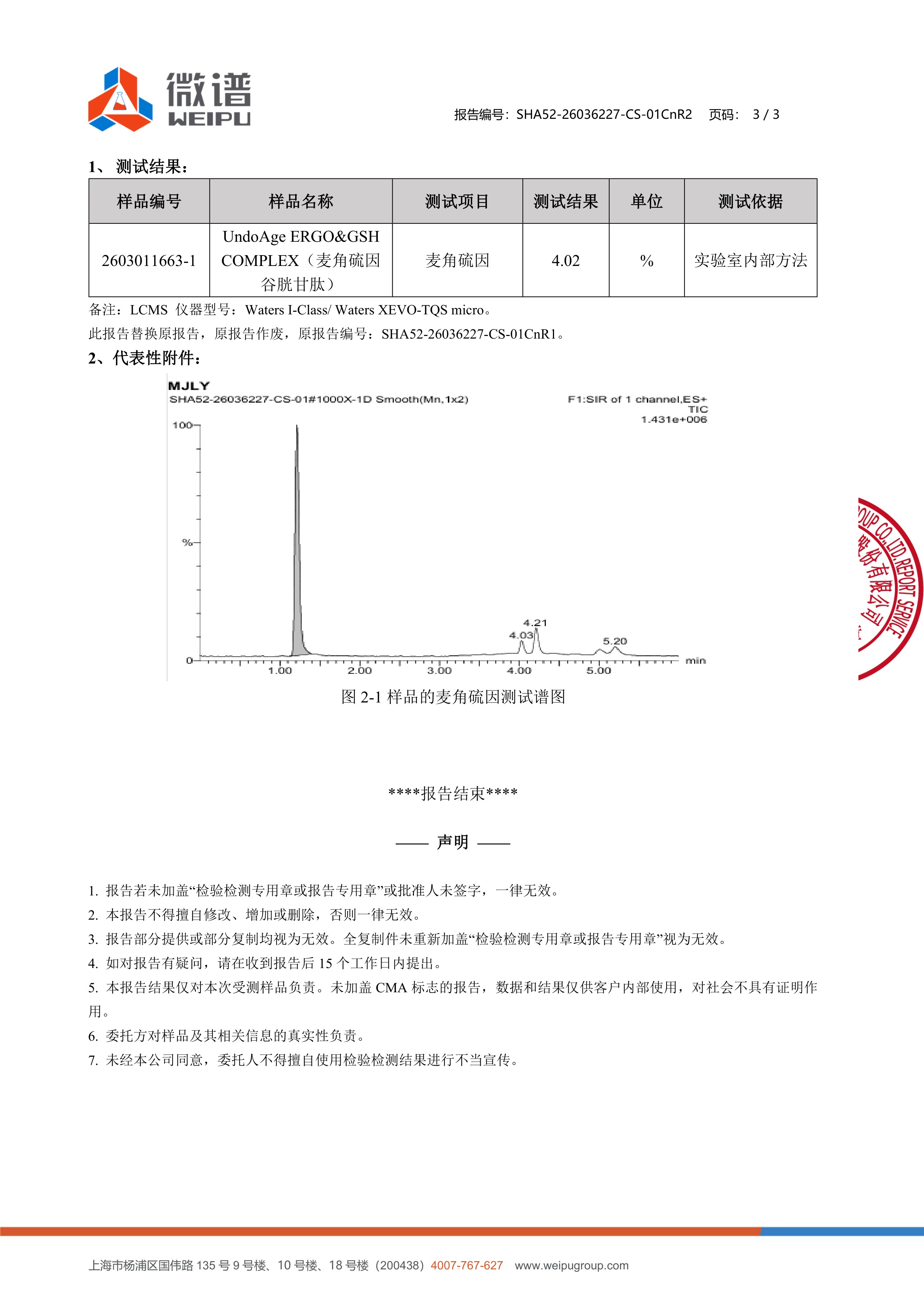 麦角硫因
+ 谷胱甘肽微谱第三方检测报告原件第3页