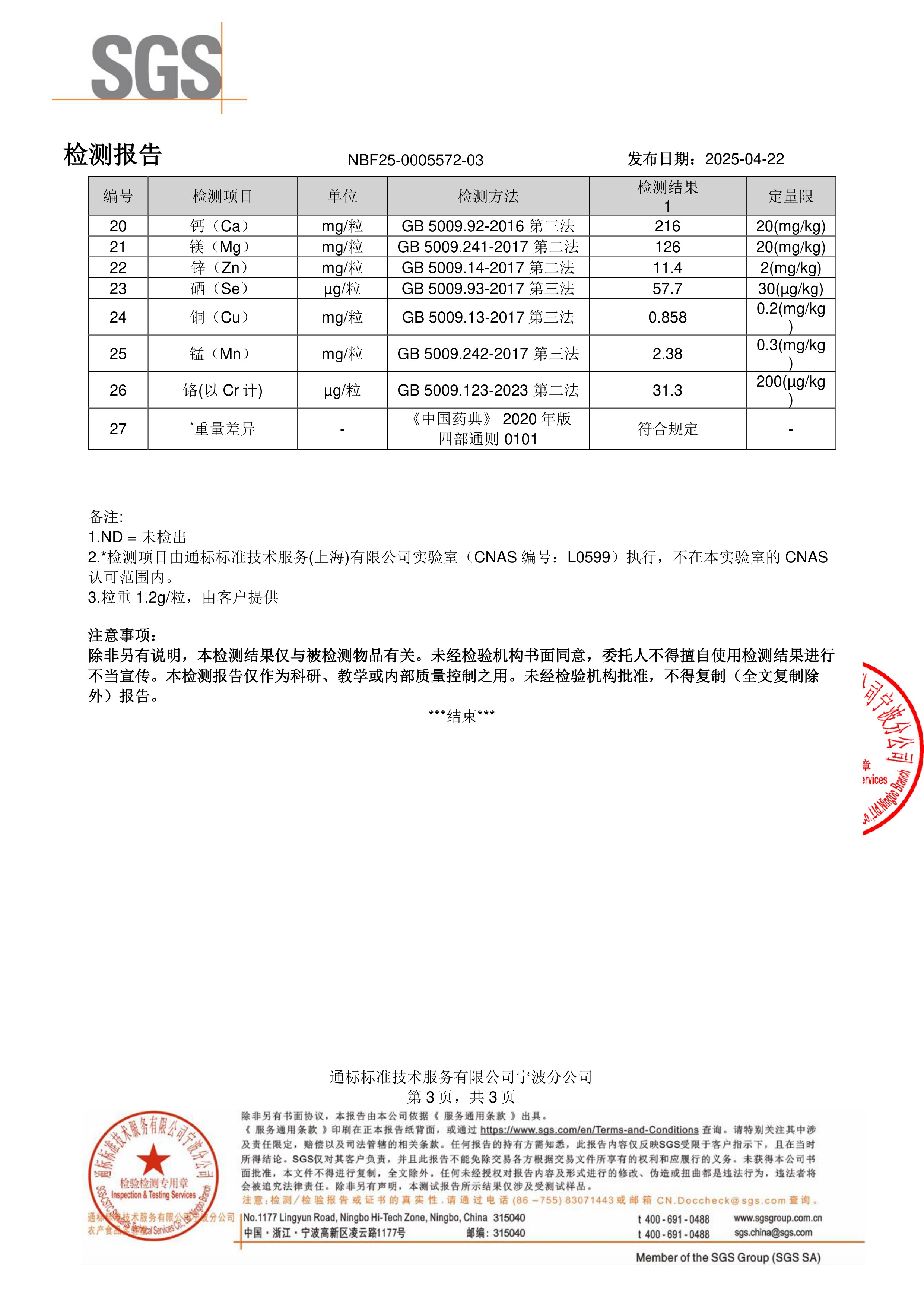 活性男士复合维生素SGS 第三方检测报告原件第3页