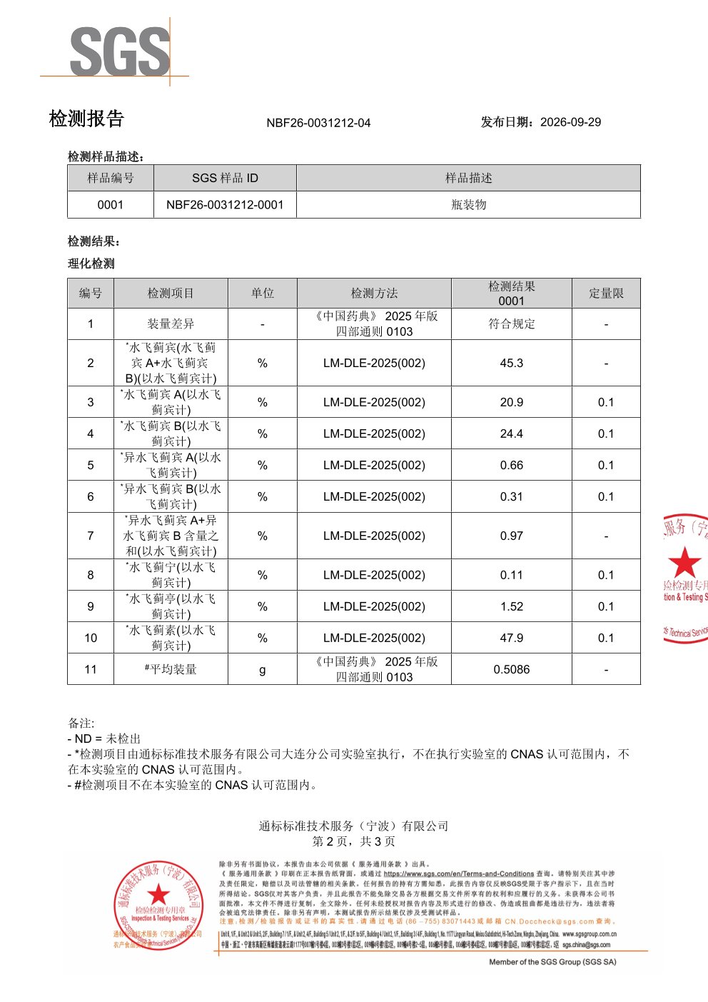奶蓟草SGS 第三方检测报告原件第2页