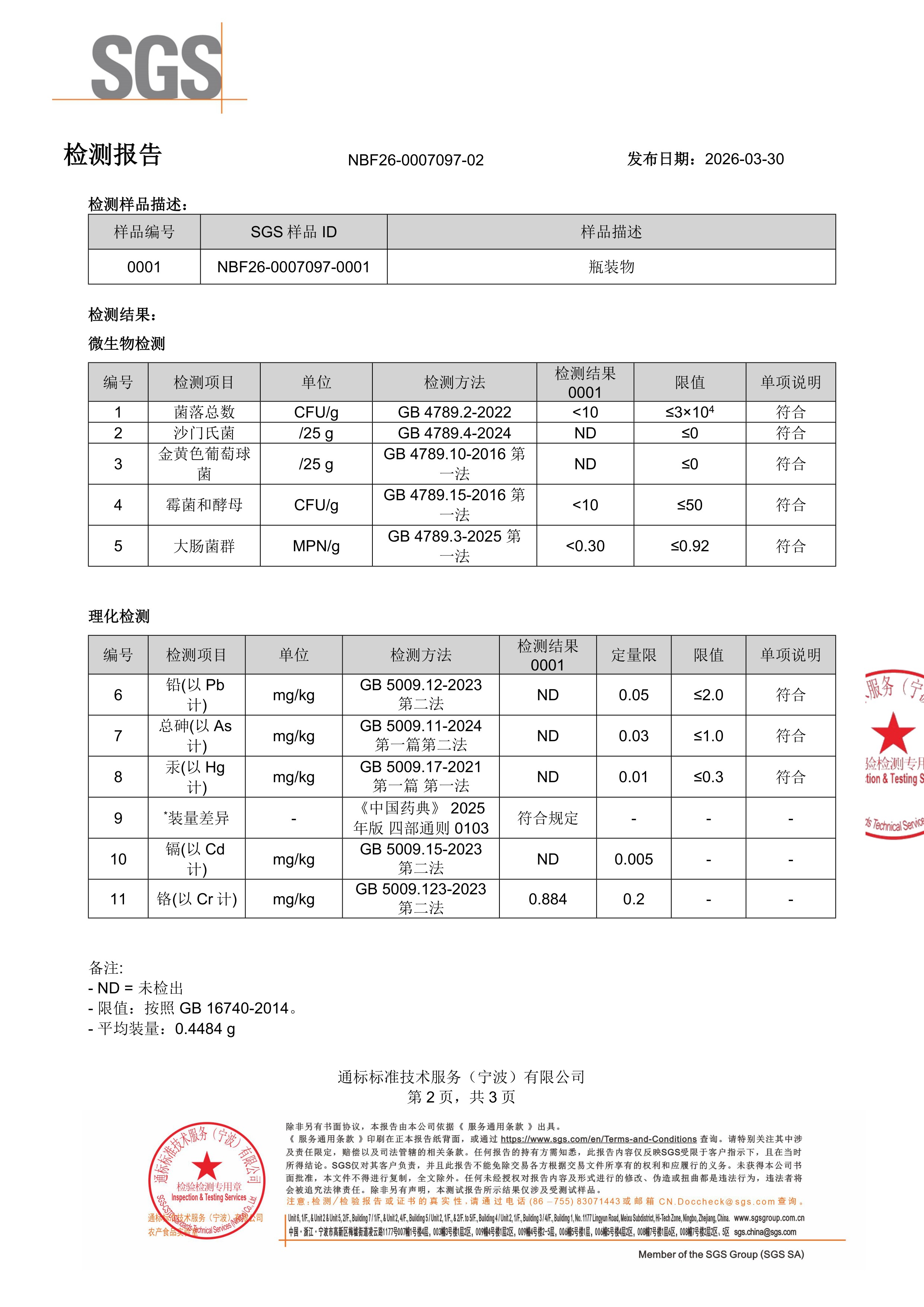麦角硫因
+ 谷胱甘肽SGS 第三方检测报告原件第2页