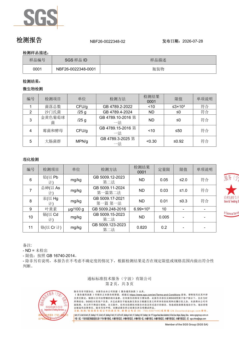 叶黄素SGS 第三方检测报告原件第2页
