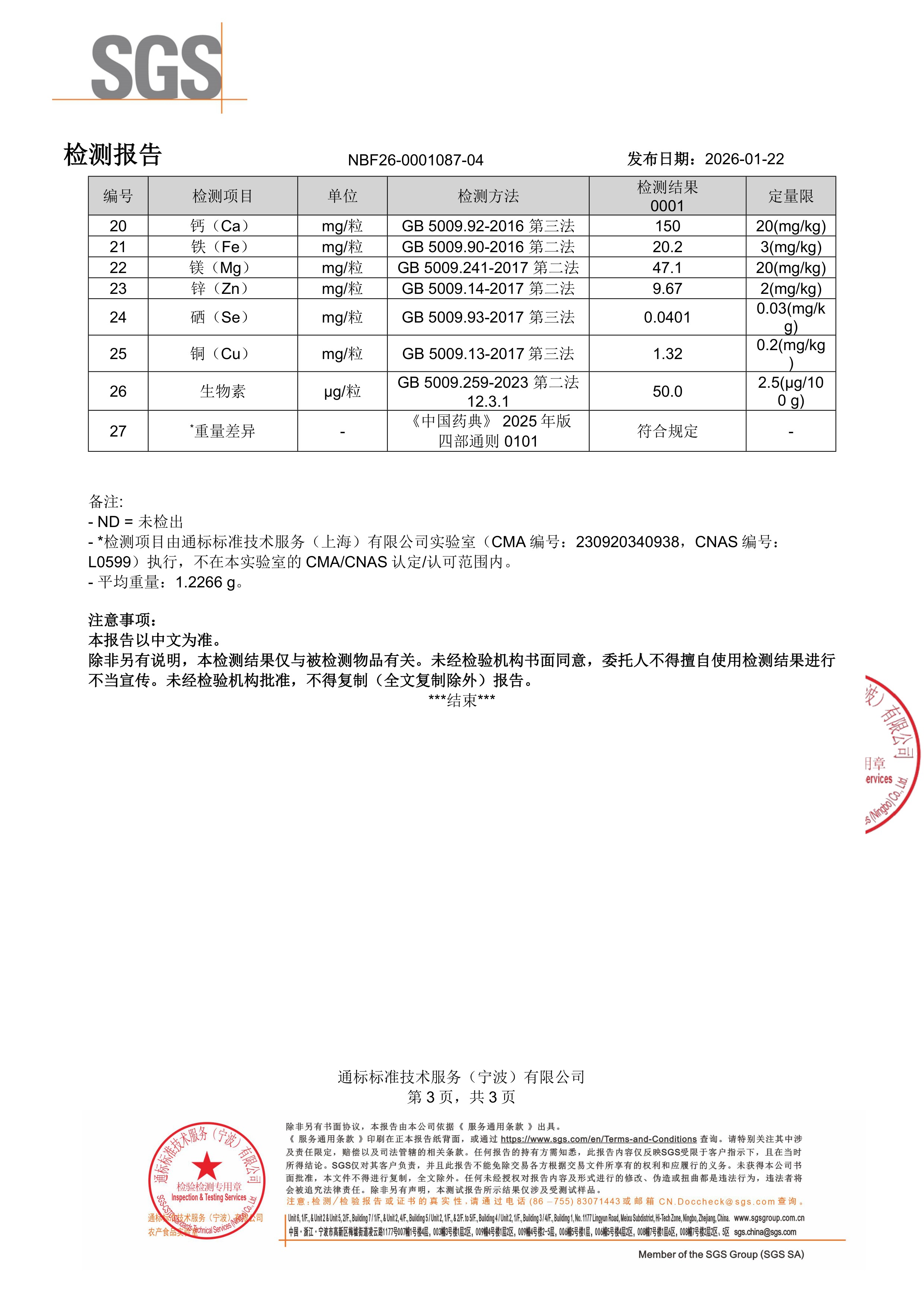 活性女士复合维生素SGS 第三方检测报告原件第3页
