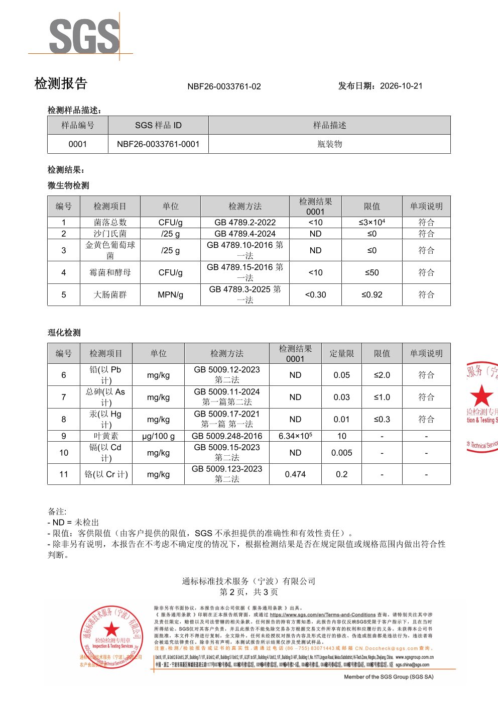 叶黄素SGS 第三方检测报告原件第2页