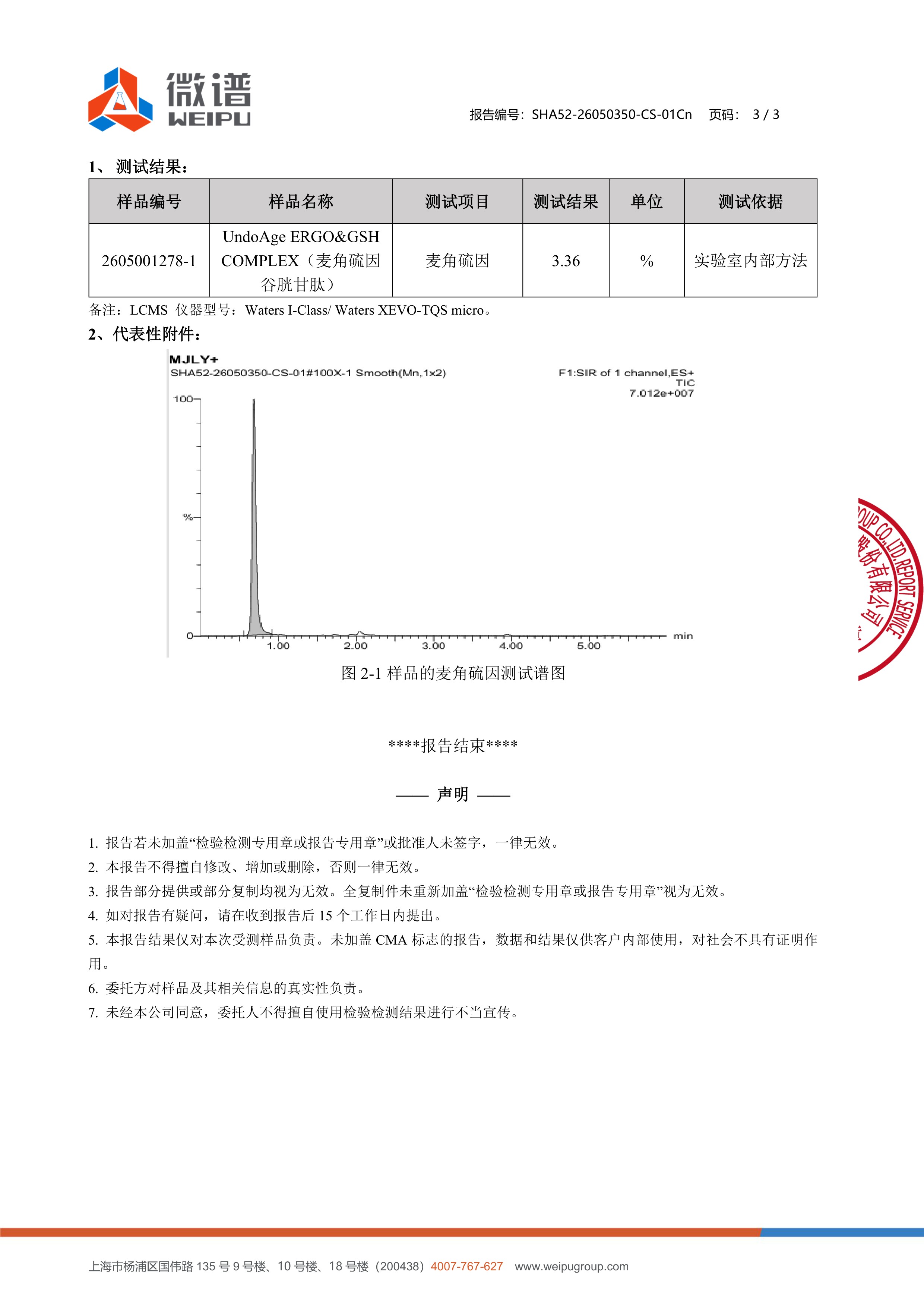 麦角硫因
+ 谷胱甘肽微谱第三方检测报告原件第3页