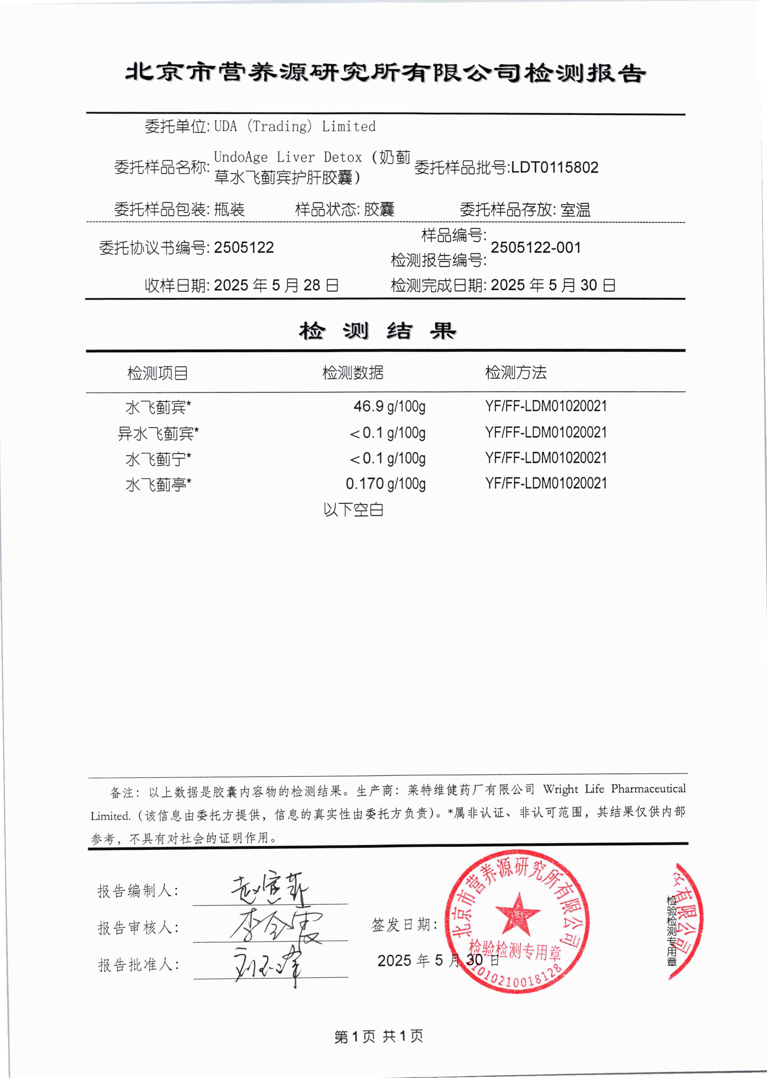 奶蓟草北京营养源研究所第三方检测报告原件第3页