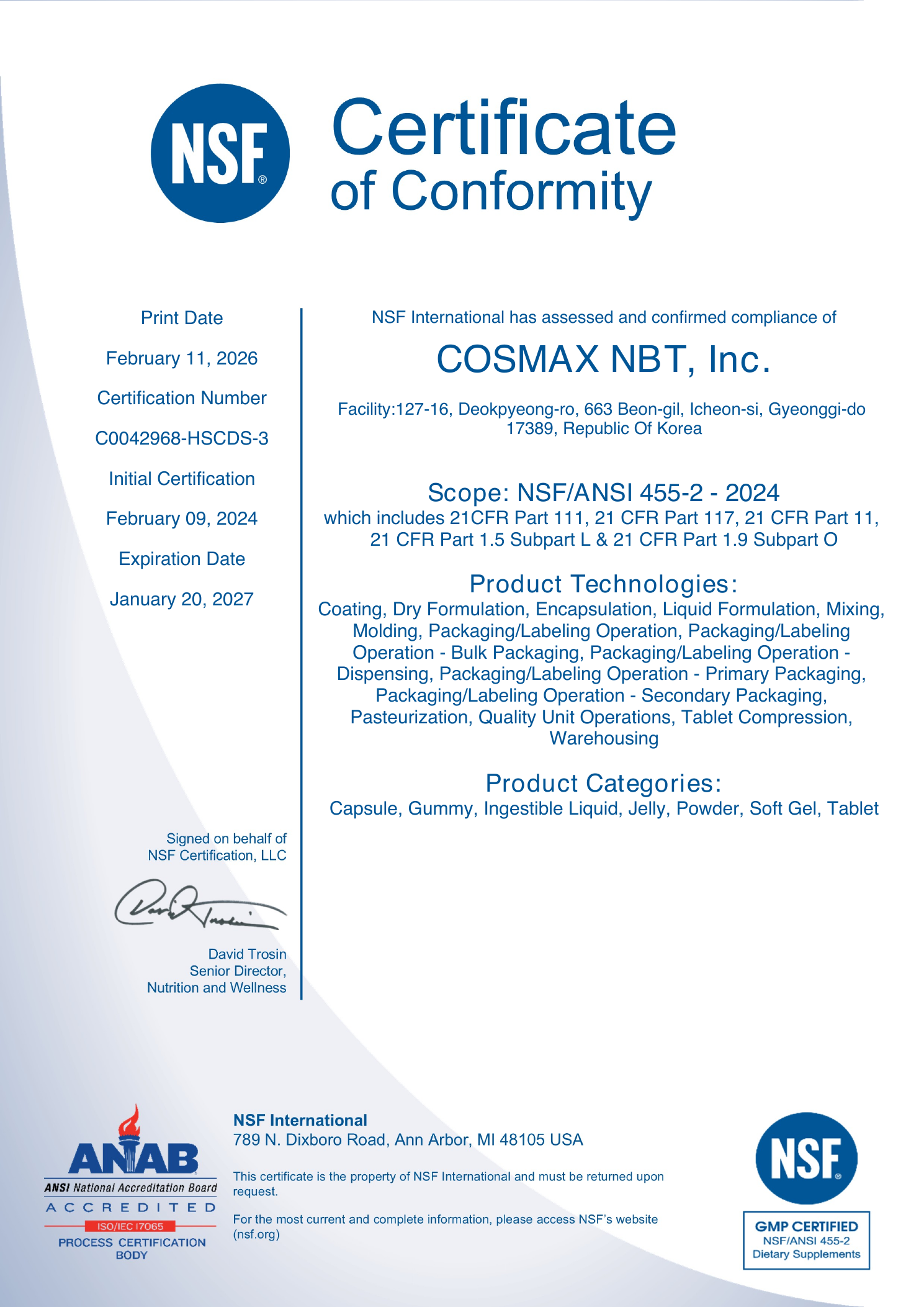COSMAXNSF 认证资质
