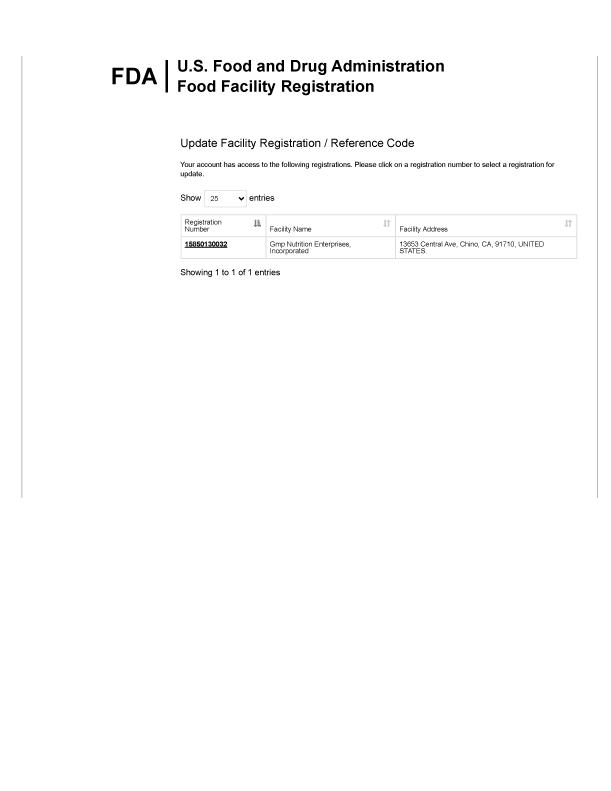 GMP NutritionFDA 注册资质
