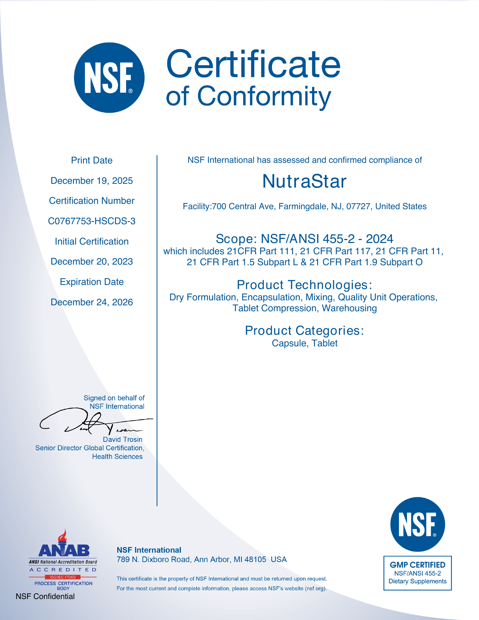 NutrastarNSF认证资质