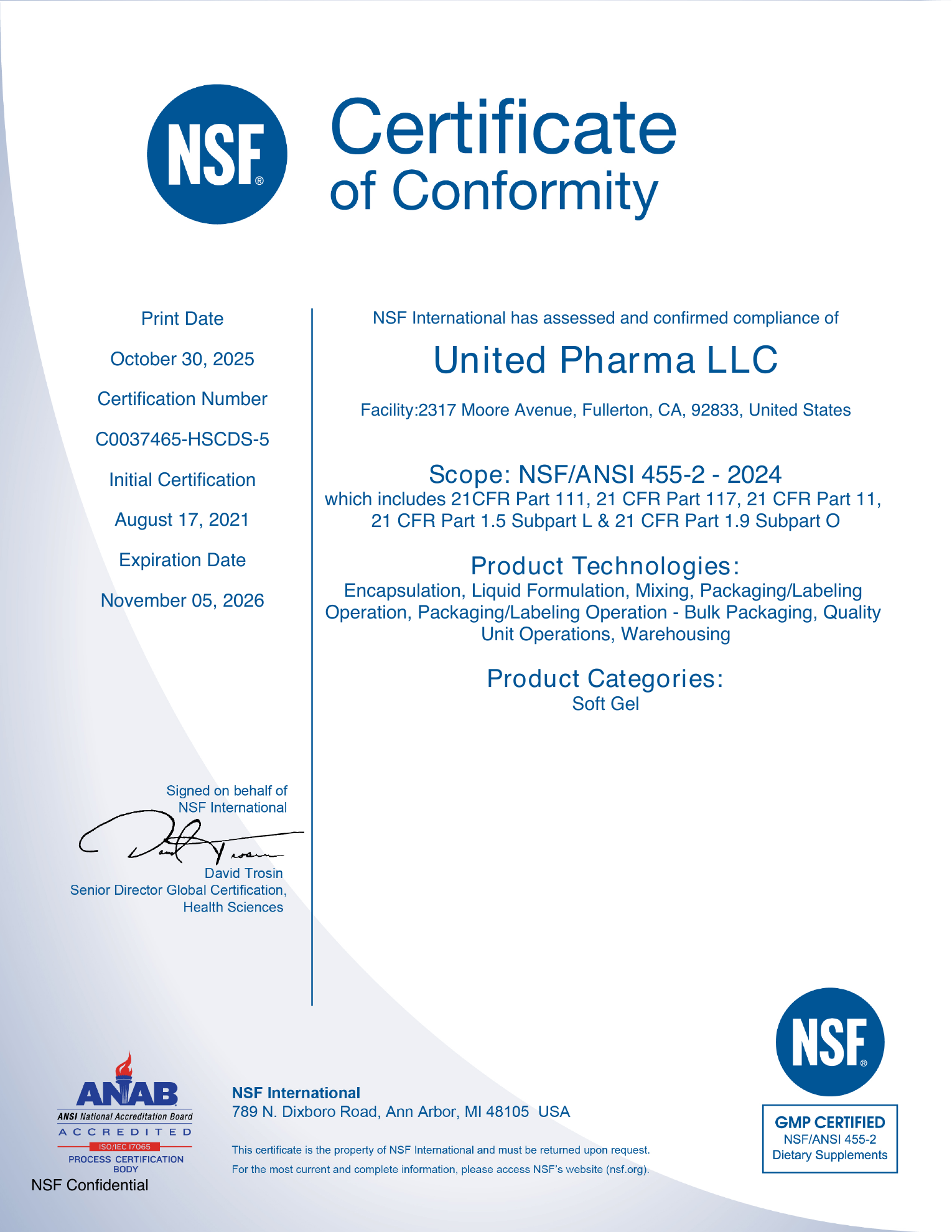 United PharmaNSF 认证资质